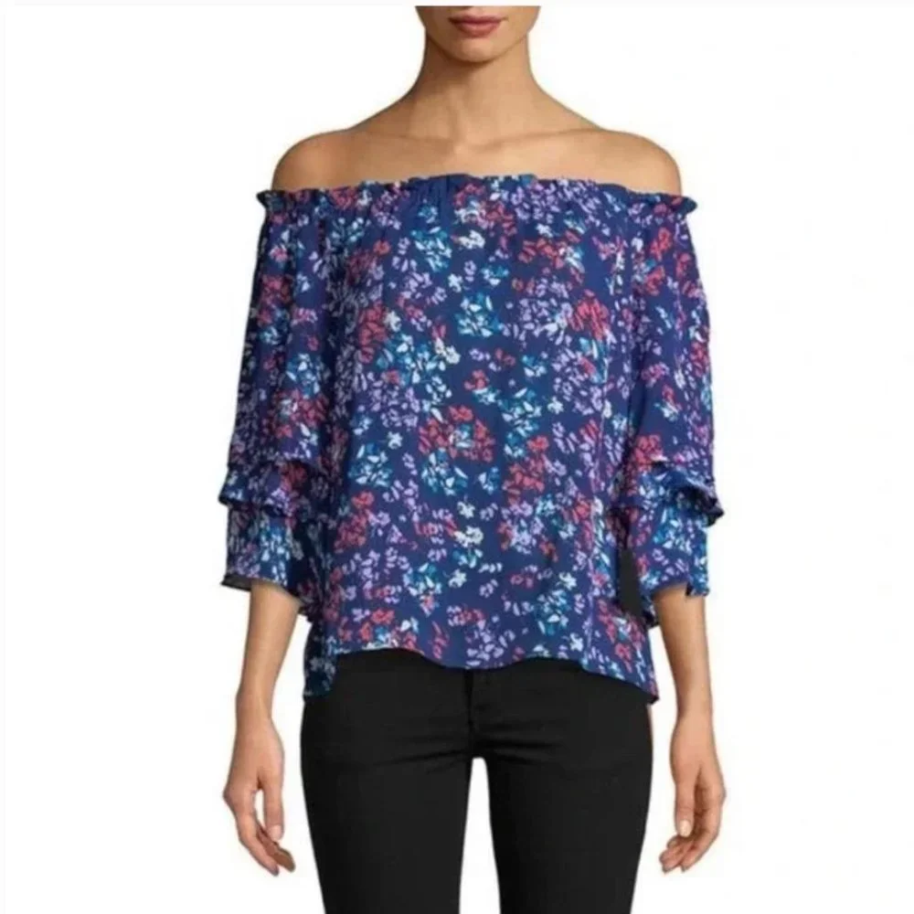 Parker XS Navy Floral On Off Shoulder Half Sleeve Blouse - Picture 1 of 5